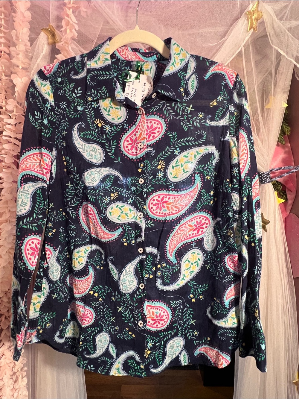 Talbots 100% cotton, Navy Paisley Button-Down Shirt with Pink, Teal, Yellow
